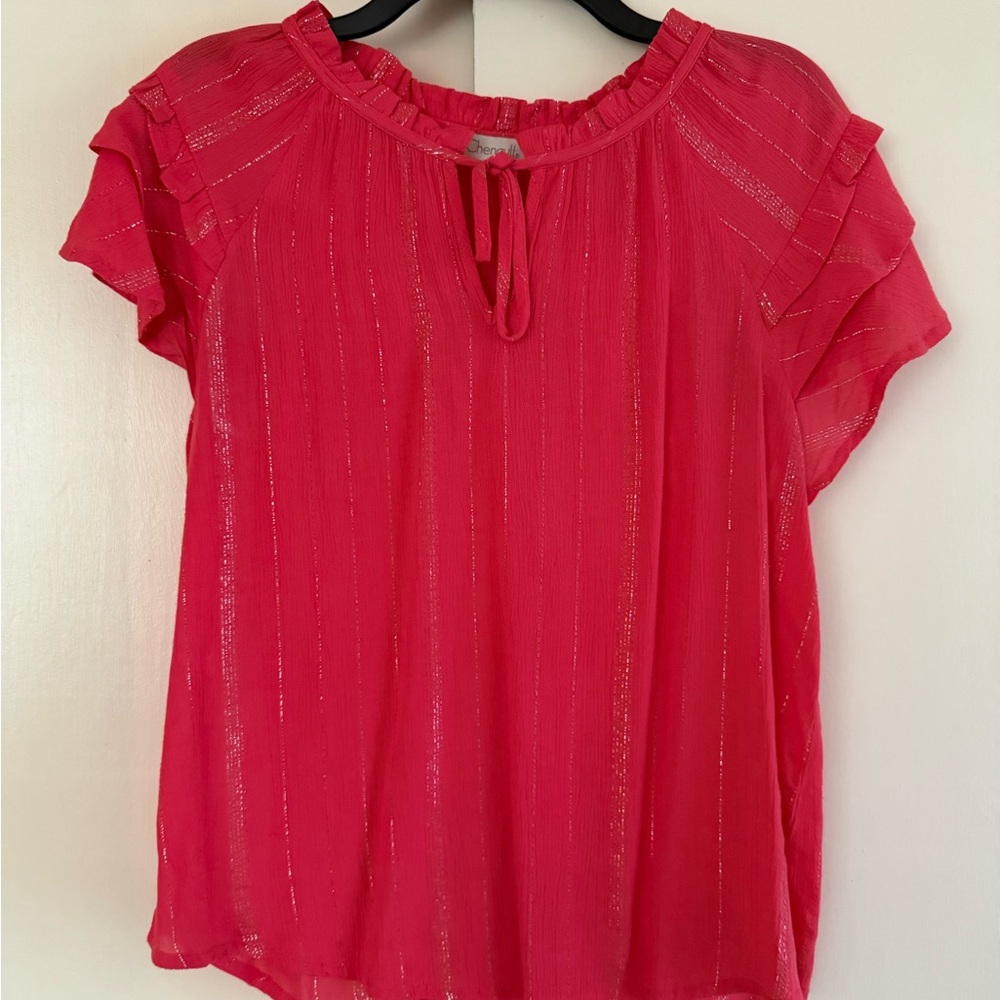 Chenault Bright Pink Metallic-Strip Tie-Neck Blouse